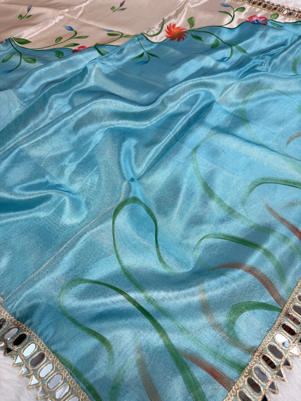 Aqua Ivory Designer Edit Hand-Brushed Floral Shimmery Tissue Saree
