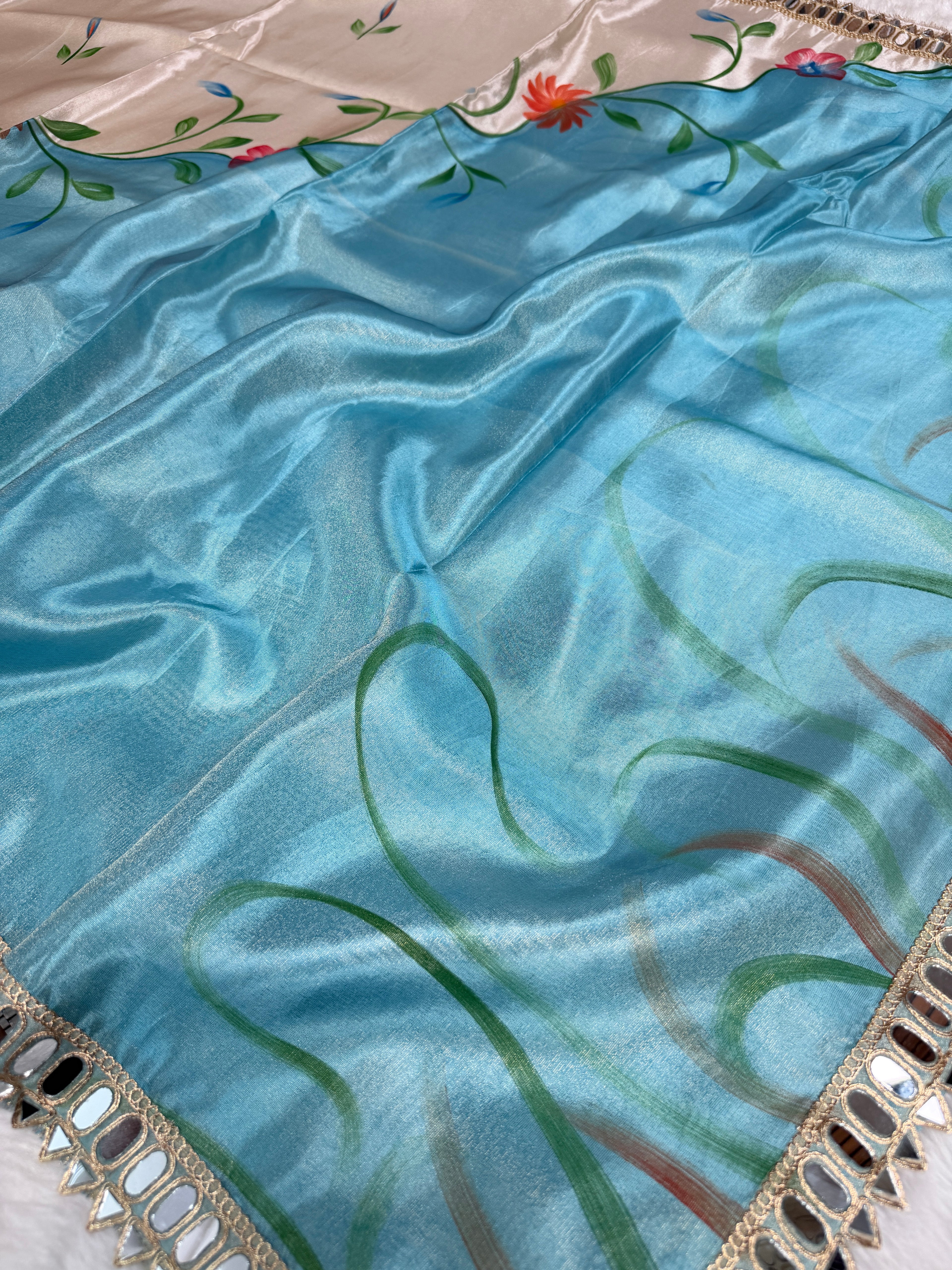 Aqua Ivory Designer Edit Hand-Brushed Floral Shimmery Tissue Saree