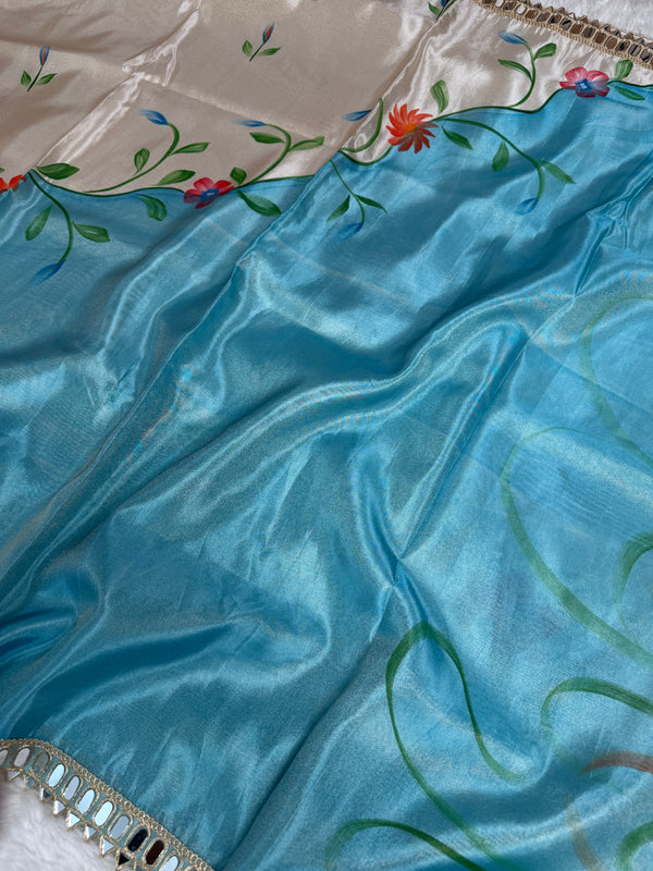 Aqua Ivory Designer Edit Hand-Brushed Floral Shimmery Tissue Saree