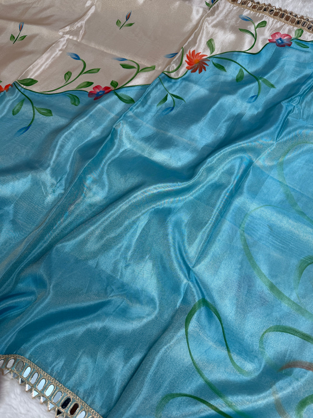 Aqua Ivory Designer Edit Hand-Brushed Floral Shimmery Tissue Saree