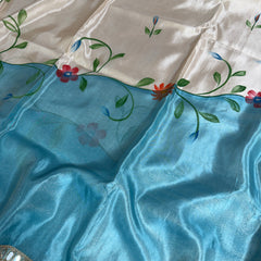 Aqua Ivory Designer Edit Hand-Brushed Floral Shimmery Tissue Saree