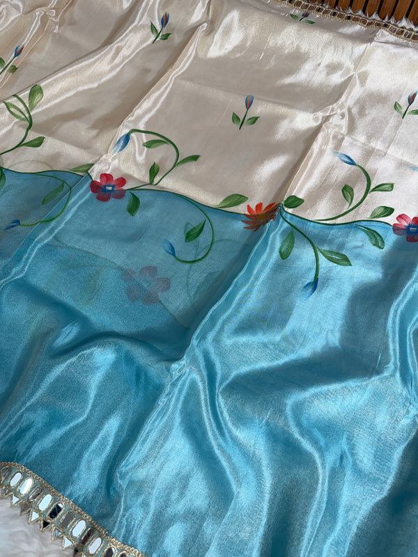 Aqua Ivory Designer Edit Hand-Brushed Floral Shimmery Tissue Saree