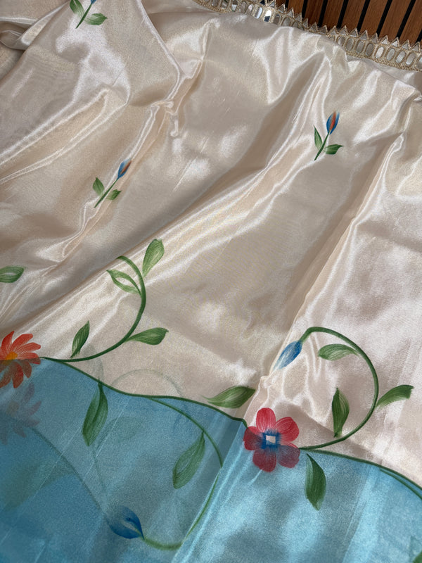 Aqua Ivory Designer Edit Hand-Brushed Floral Shimmery Tissue Saree