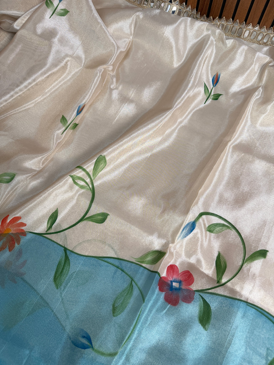 Aqua Ivory Designer Edit Hand-Brushed Floral Shimmery Tissue Saree