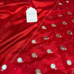 Bold Red Satin Border Mirror Ghungroo Tissue Silk Saree