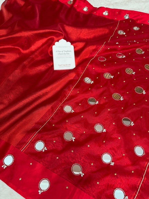 Bold Red Satin Border Mirror Ghungroo Tissue Silk Saree