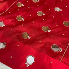 Bold Red Satin Border Mirror Ghungroo Tissue Silk Saree