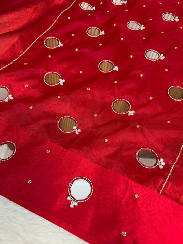 Bold Red Satin Border Mirror Ghungroo Tissue Silk Saree