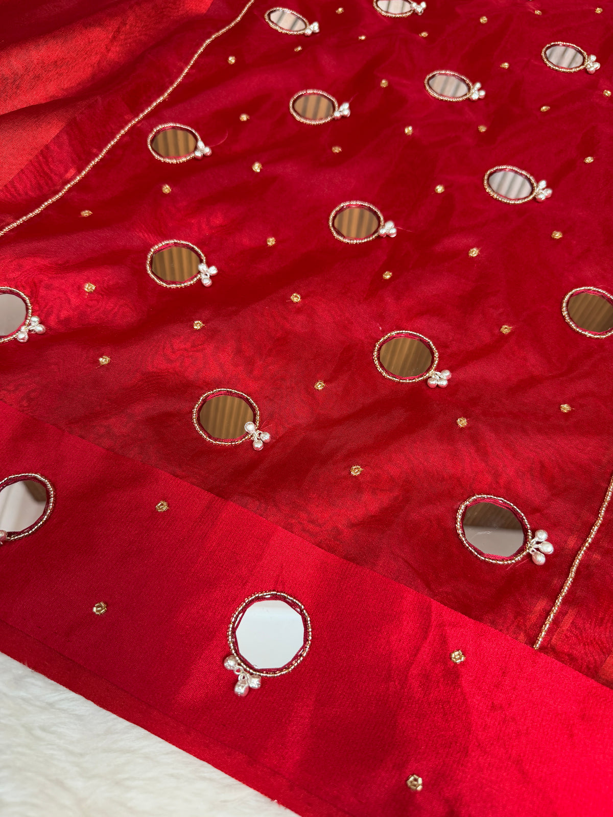 Bold Red Satin Border Mirror Ghungroo Tissue Silk Saree