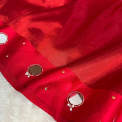 Bold Red Satin Border Mirror Ghungroo Tissue Silk Saree