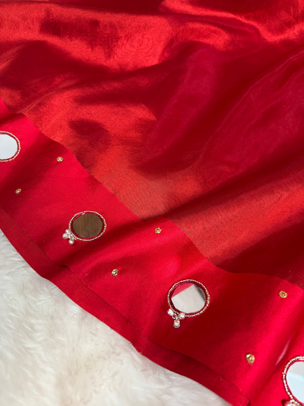 Bold Red Satin Border Mirror Ghungroo Tissue Silk Saree