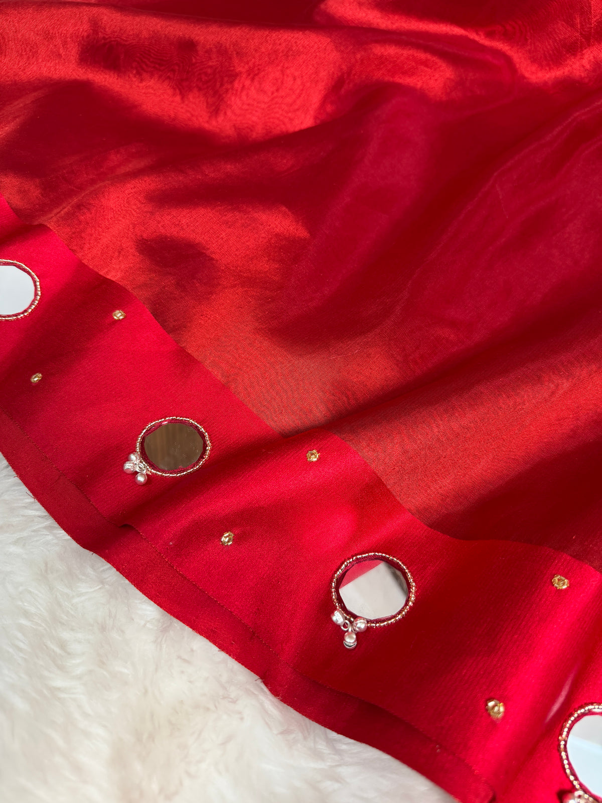 Bold Red Satin Border Mirror Ghungroo Tissue Silk Saree