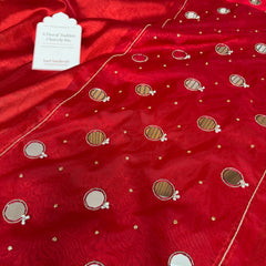 Bold Red Satin Border Mirror Ghungroo Tissue Silk Saree