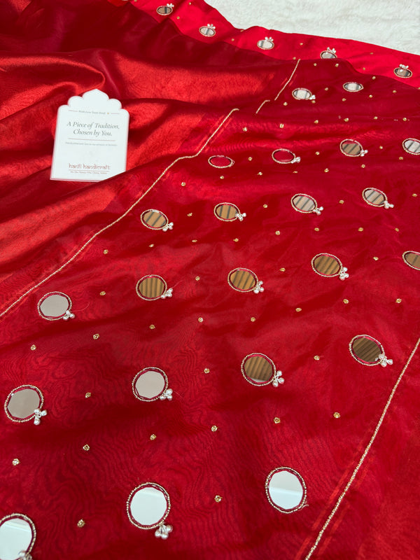 Bold Red Satin Border Mirror Ghungroo Tissue Silk Saree