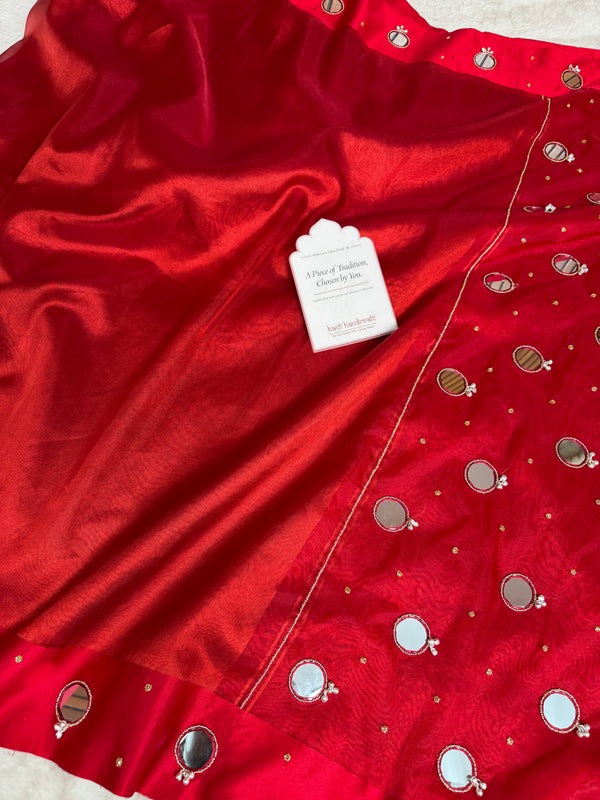 Bold Red Satin Border Mirror Ghungroo Tissue Silk Saree