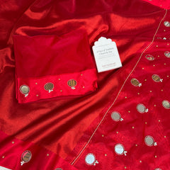 Bold Red Satin Border Mirror Ghungroo Tissue Silk Saree
