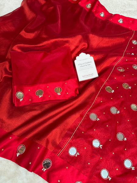 Bold Red Satin Border Mirror Ghungroo Tissue Silk Saree