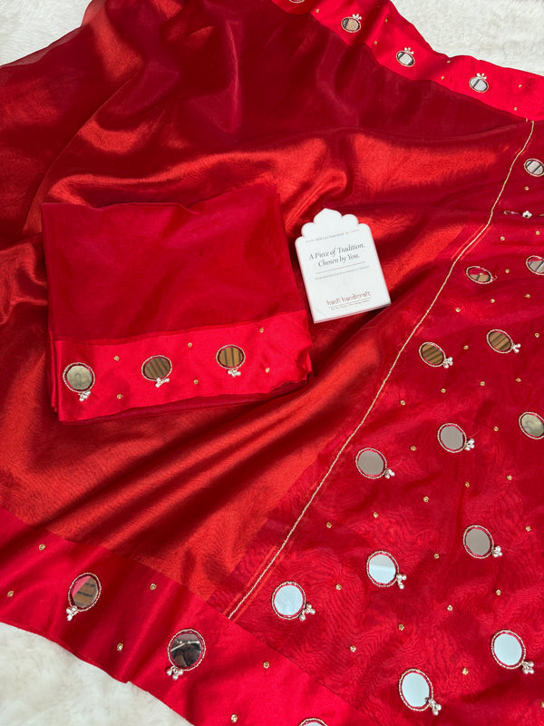Bold Red Satin Border Mirror Ghungroo Tissue Silk Saree