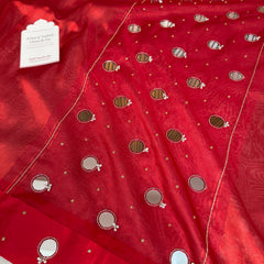 Bold Red Satin Border Mirror Ghungroo Tissue Silk Saree