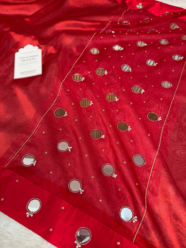 Bold Red Satin Border Mirror Ghungroo Tissue Silk Saree