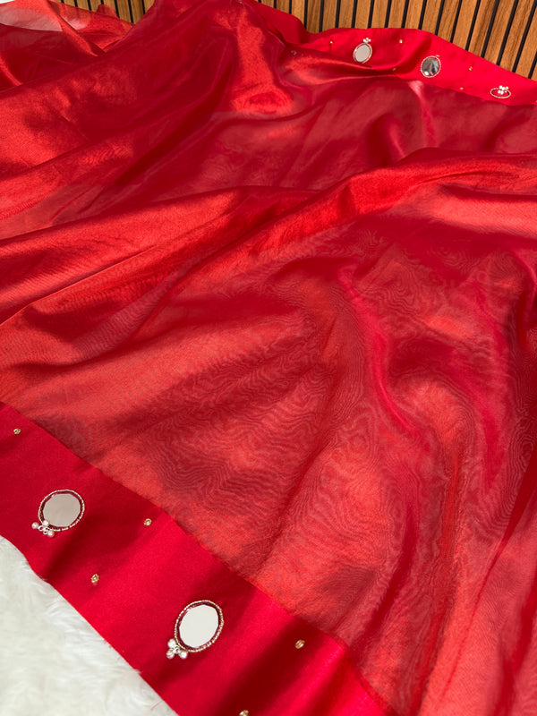 Bold Red Satin Border Mirror Ghungroo Tissue Silk Saree