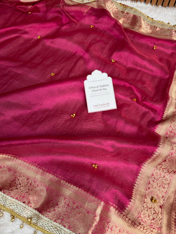 Gulabi Pink Ghungroo Handcrafted Tissue Silk Saree