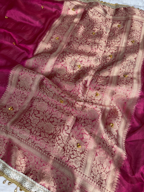 Gulabi Pink Ghungroo Handcrafted Tissue Silk Saree