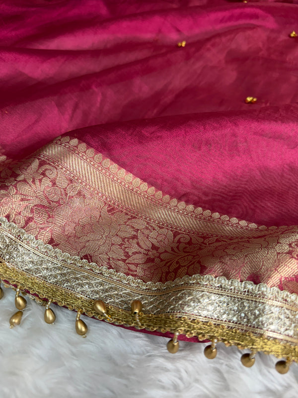 Gulabi Pink Ghungroo Handcrafted Tissue Silk Saree