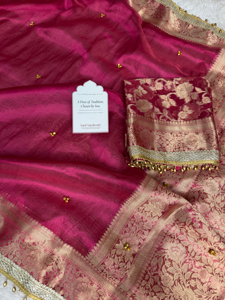 Gulabi Pink Ghungroo Handcrafted Tissue Silk Saree