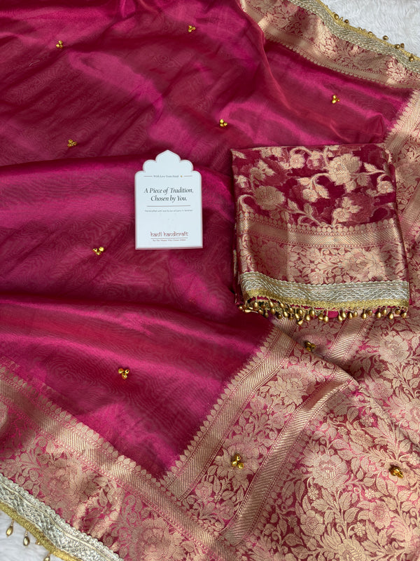Gulabi Pink Ghungroo Handcrafted Tissue Silk Saree