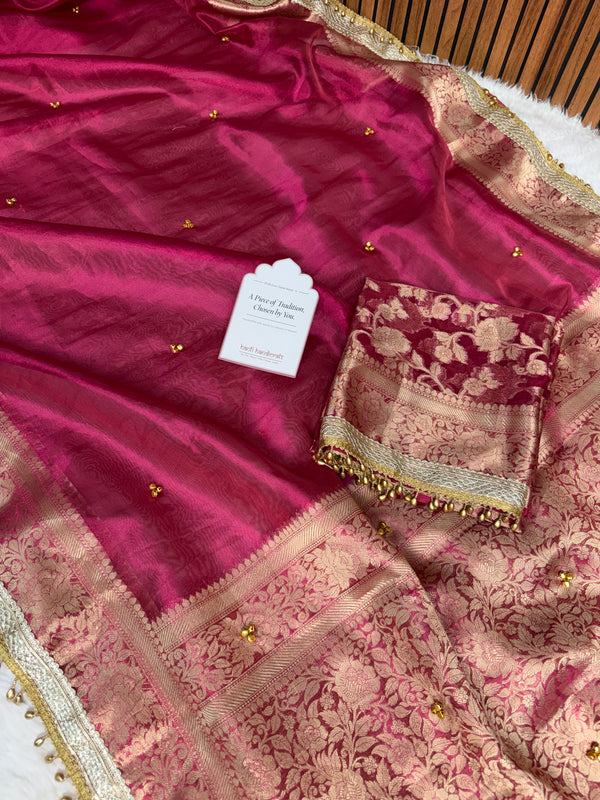Gulabi Pink Ghungroo Handcrafted Tissue Silk Saree