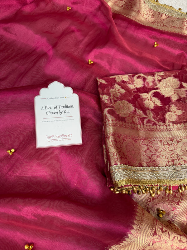Gulabi Pink Ghungroo Handcrafted Tissue Silk Saree