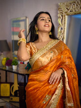 Metallic Orange Pure Tissue Silk Handcrafted Saree