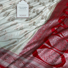 Ivory-Red Banarasi Mashru Silk Saree – Aada Pattern