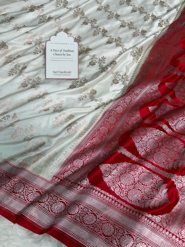 Ivory-Red Banarasi Mashru Silk Saree – Aada Pattern