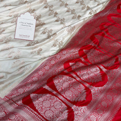 Ivory-Red Banarasi Mashru Silk Saree – Aada Pattern