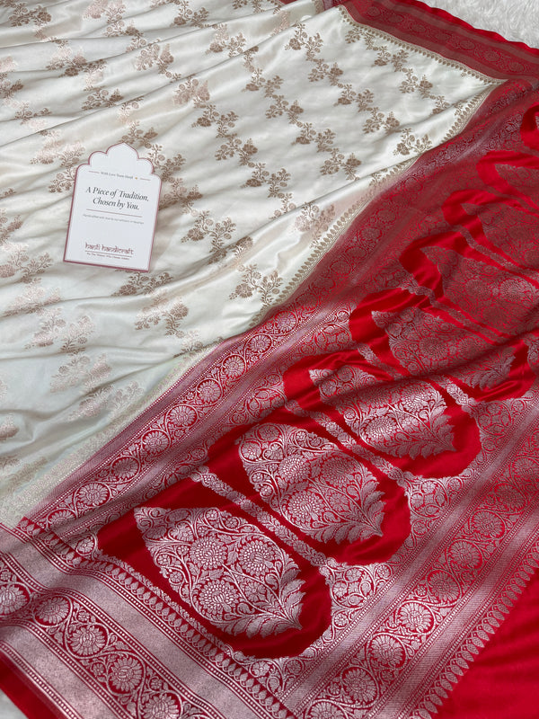 Ivory-Red Banarasi Mashru Silk Saree – Aada Pattern
