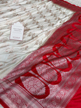 Ivory-Red Banarasi Mashru Silk Saree – Aada Pattern