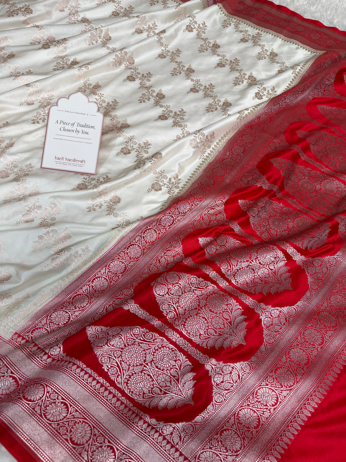 Ivory-Red Banarasi Mashru Silk Saree – Aada Pattern