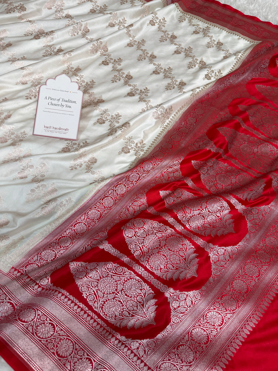 Ivory-Red Banarasi Mashru Silk Saree – Aada Pattern