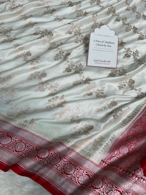 Ivory-Red Banarasi Mashru Silk Saree – Aada Pattern