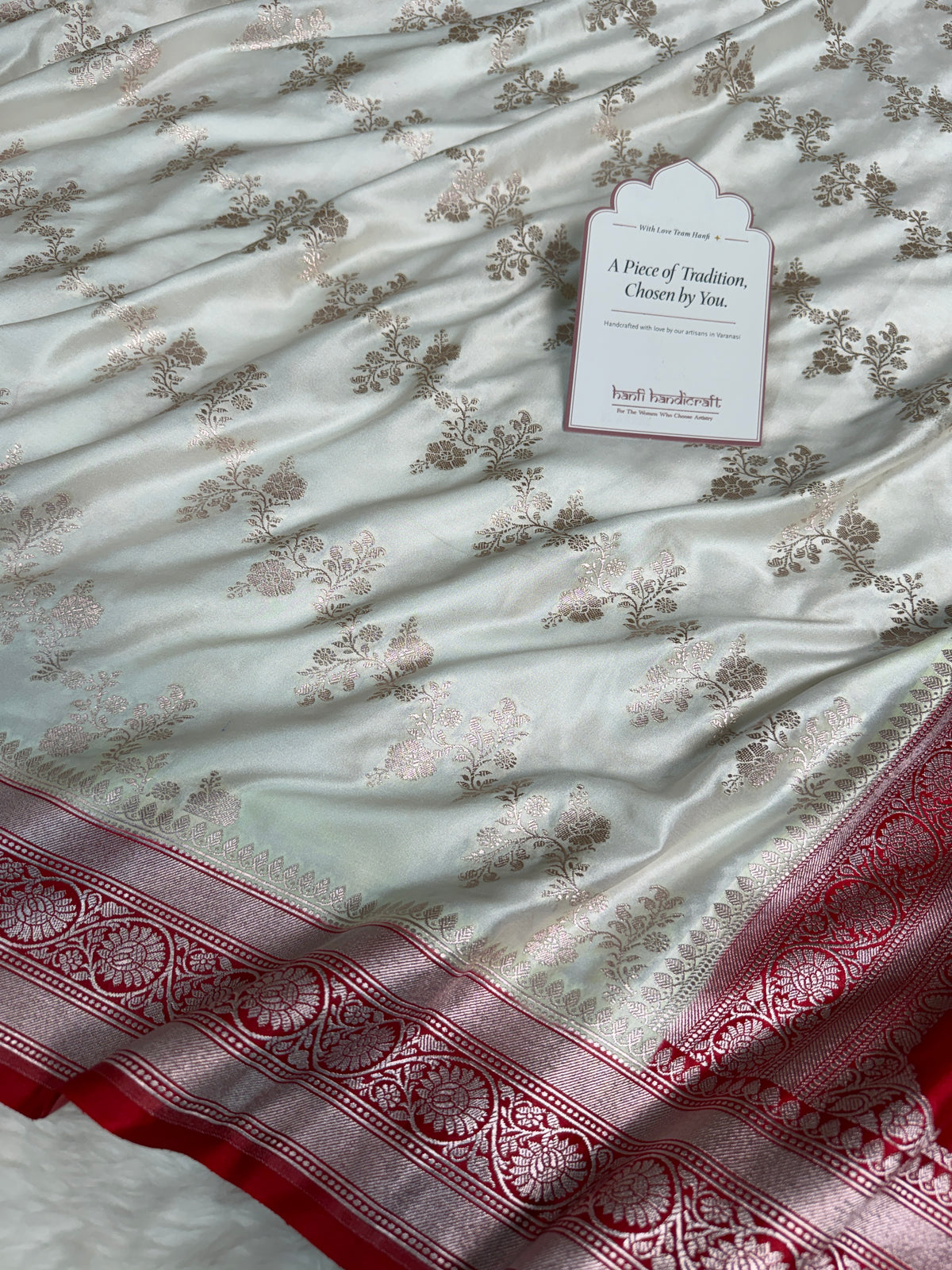 Ivory-Red Banarasi Mashru Silk Saree – Aada Pattern