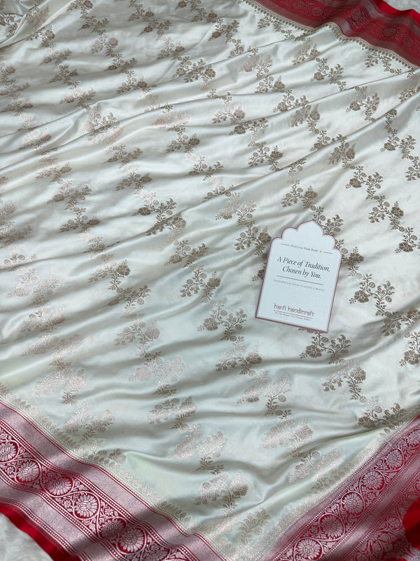 Ivory-Red Banarasi Mashru Silk Saree – Aada Pattern