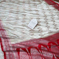 Ivory-Red Banarasi Mashru Silk Saree – Aada Pattern