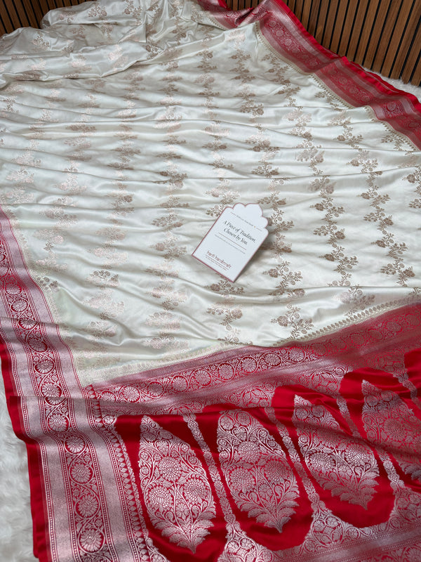 Ivory-Red Banarasi Mashru Silk Saree – Aada Pattern