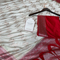 Ivory-Red Banarasi Mashru Silk Saree – Aada Pattern