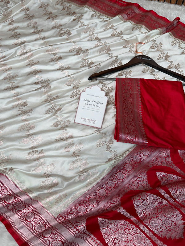 Ivory-Red Banarasi Mashru Silk Saree – Aada Pattern