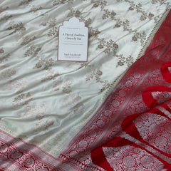 Ivory-Red Banarasi Mashru Silk Saree – Aada Pattern
