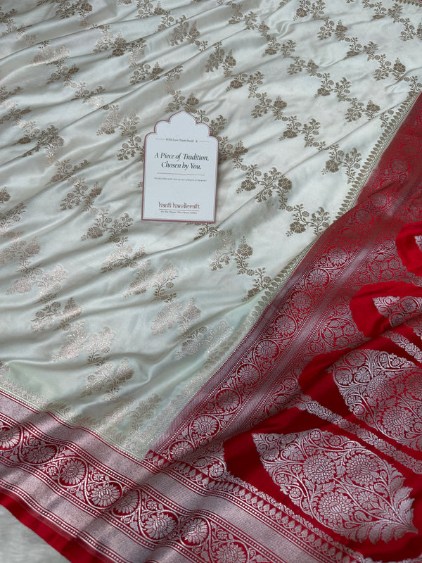 Ivory-Red Banarasi Mashru Silk Saree – Aada Pattern