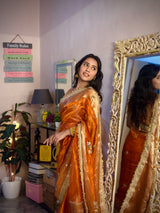 Metallic Orange Pure Tissue Silk Handcrafted Saree